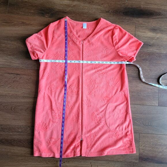 Womens ADONNA Terry cloth Zip Cover Up Robe L Coral Turtle Shells Print Pockets - Picture 3 of 13